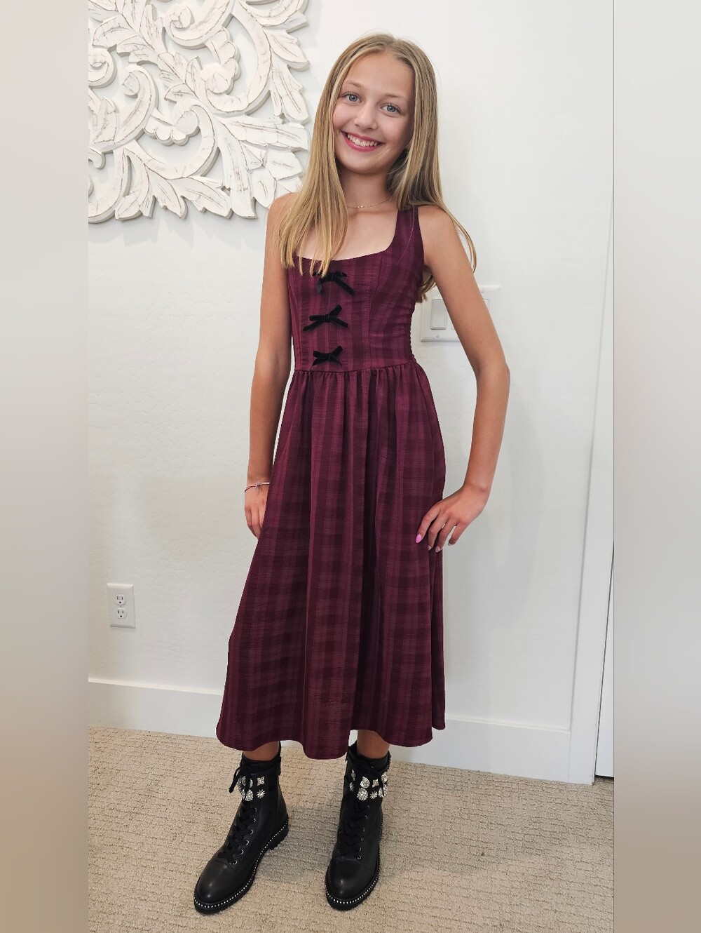 Plaid Burgundy Midi Dress with Bow Trim Women's Junior Sz X-Small NWT